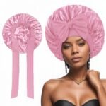 2 Pcs Pink Double-Layer Satin Hair Cap with Ribbon Bow â€“ Premium Silk-Like Beauty & Hair Protection Hat