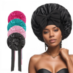 2 Pcs Pink Double-Layer Satin Hair Cap with Ribbon Bow â€“ Premium Silk-Like Beauty & Hair Protection Hat - Image 2