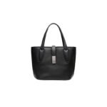Black Women's Vegetable Tanned Leather Bucket Bag Minimalist Crossbody Handbag with Inner Canvas Pouch for Work Daily Use