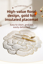 4-Pack Gold & Grey Luxury Bronzing Floral Heat-Insulated Placemats - Peony Style Anti-Slip & Waterproof PVC Table Mats(38x38CM) - Image 2