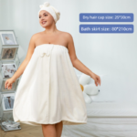 White Plus Size Bath Wrap Dress with Adjustable Elastic Waist and Bow Detail â€“ Soft Absorbent Towel Robe for Post-Shower Comfort - Image 4