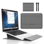 Grey 3-in-1 Laptop Sleeve with Built-In Stand & Wrist Rest - Waterproof PU Protective Case for 13/14 Inch Laptops, Portable and Ergonomic Design