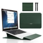 Dark green 3-in-1 Laptop Sleeve with Built-In Stand & Wrist Rest - Waterproof PU Protective Case for 13/14 Inch Laptops, Portable and Ergonomic Design