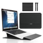 Black 3-in-1 Laptop Sleeve with Built-In Stand & Wrist Rest - Waterproof PU Protective Case for 15/16 Inch Laptops, Portable and Ergonomic Design