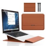 Brown 3-in-1 Laptop Sleeve with Built-In Stand & Wrist Rest - Waterproof PU Protective Case for 15/16 Inch Laptops, Portable and Ergonomic Design