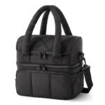 Black Double-Layer Insulated Lunch Bag â€“ Quilted Design with Top and Bottom Compartments, Shoulder Strap, and Smooth Two-Way Zippers