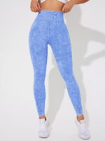 Seamless High Waisted Yoga Leggings 2 PCS Solid Black and Sand Washed Blue Size L Moisture Wicking Activewear - Image 3