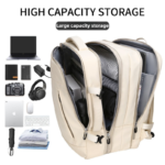 Beige Expandable Travel Laptop Backpack with USB Charging Port - Waterproof Nylon Business Bag with 11cm Depth Extension (45x32cm) - Image 3