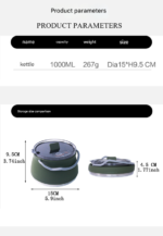 Dark Green 1L Portable Collapsible Camping Kettle - Food-Grade Silicone Body with 304 Stainless Steel Base, Compatible with Induction & Gas Stoves - Image 4