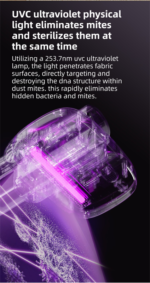 Purple Cordless Handheld UV Mite Remover - Bed Vacuum with 11KPA Powerful Suction & 8000 Times/Min High-Frequency Vibration for Carpet & Mattress, Type-C Rechargeable - Image 4