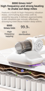 Purple Cordless Handheld UV Mite Remover - Bed Vacuum with 11KPA Powerful Suction & 8000 Times/Min High-Frequency Vibration for Carpet & Mattress, Type-C Rechargeable - Image 5