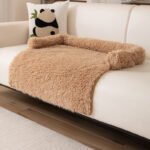 Brown Pet Sofa Protector & Calming Bolster Bed with Long Plush - 75x75CM Thickened Non Slip Furniture Cover for Cats & Dogs