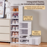 Transparent Grey 3-Layer Foldable Shoe Storage Tower with Transparent Display Panel & Back Ventilation - One-Pull Instant Setup Stackable Box (25.5x34.5x52.5CM) - Image 3