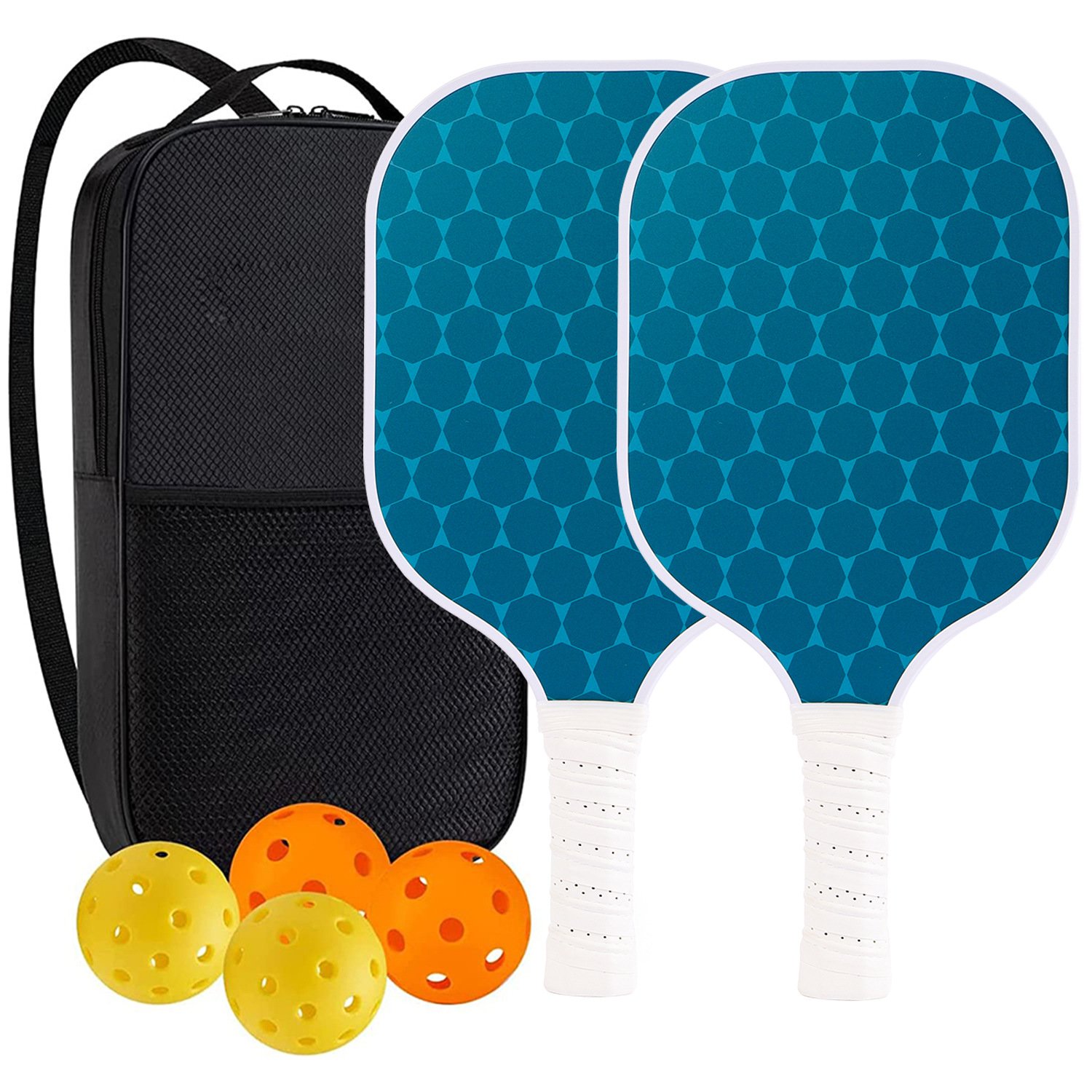 V888-ELOSUNG45795-202603131351-00 Blue Dots Professional Fiberglass Pickleball Paddle Set with Carry Bag & 2 Paddles & 4 Balls - Image 1