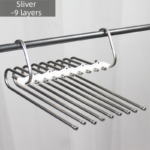 9-Layers Sliver Stainless Steel Pants Rack with Horizontal / Vertical Modes and Expandable Pull-Out Rods - High-Load Folding Magic Hanger
