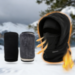 Windproof Thermal Rider Protection Set - 2 Pack Faux Rabbit Fur Knee Braces & Black Fleece Balaclava Hood Outdoor Sports Warmth Bundle