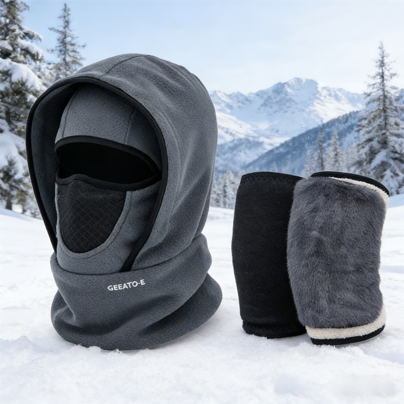V888-ELOSUNG45967-202603171605-00 Windproof Thermal Rider Protection Set - 2 Pack Faux Rabbit Fur Knee Braces & Grey Fleece Balaclava Hood Outdoor Sports Warmth Bundle - Image 1