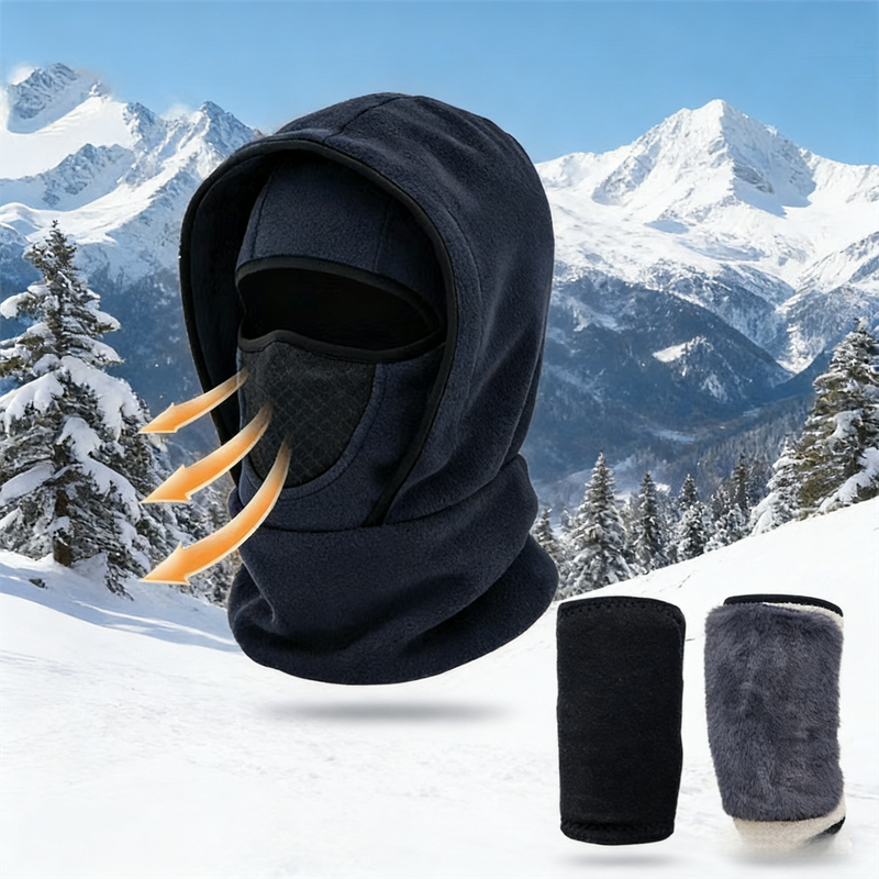 V888-ELOSUNG45969-202603171606-00 Windproof Thermal Rider Protection Set - 2 Pack Faux Rabbit Fur Knee Braces & Dark Blue Fleece Balaclava Hood Outdoor Sports Warmth Bundle - Image 1