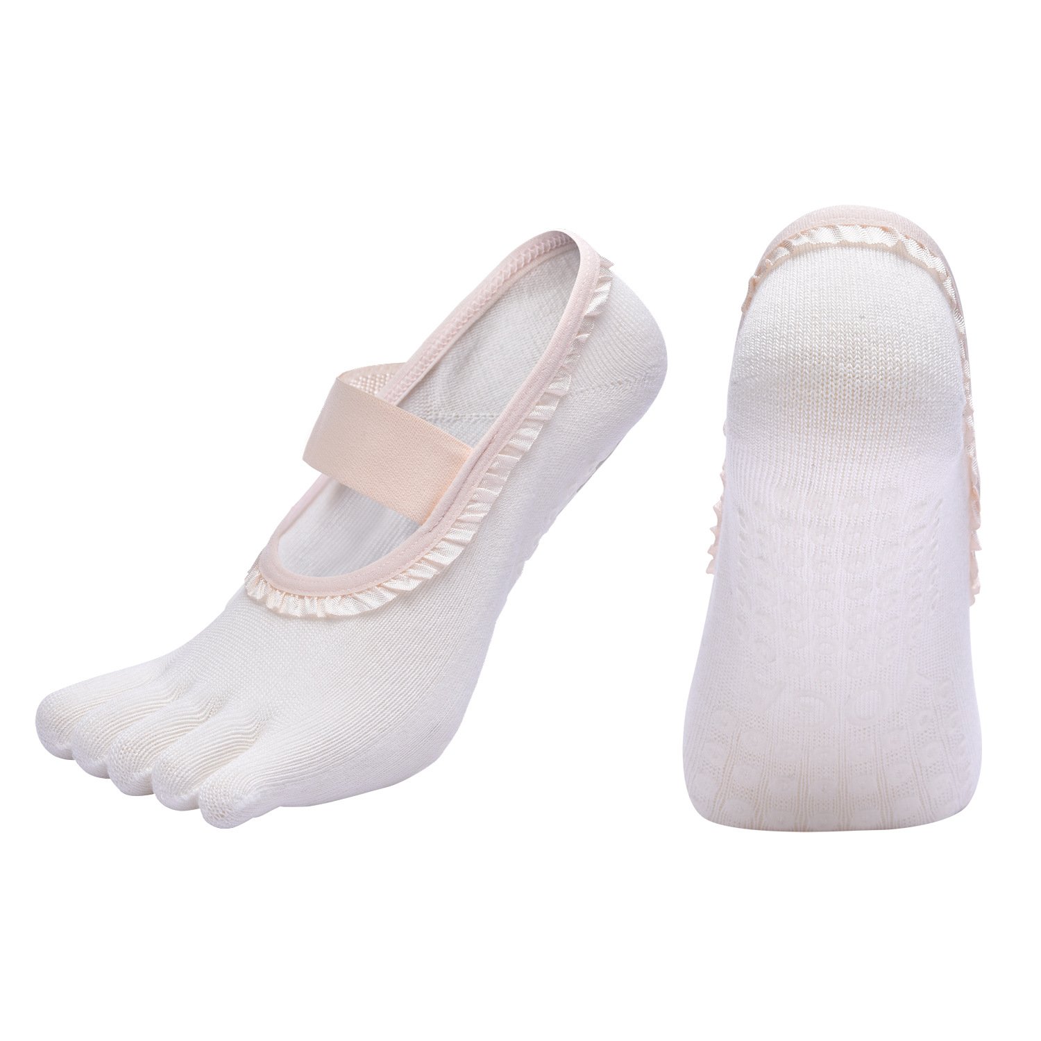 V888-ELOSUNG46164-202601271415-00 White 2pcs Women's 5-Finger Ballet Style Yoga Socks - Non-Slip Grip Pilates & Dance Socks with Elegant Lace Trim and Elastic Cross Strap - Image 1