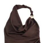 XS Elegant Halter Neck Satin Midi Dress - Sexy Asymmetric Draped Evening Gown with Metal Hardware Accent for Women - Image 2