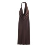 XS Elegant Halter Neck Satin Midi Dress - Sexy Asymmetric Draped Evening Gown with Metal Hardware Accent for Women - Image 3