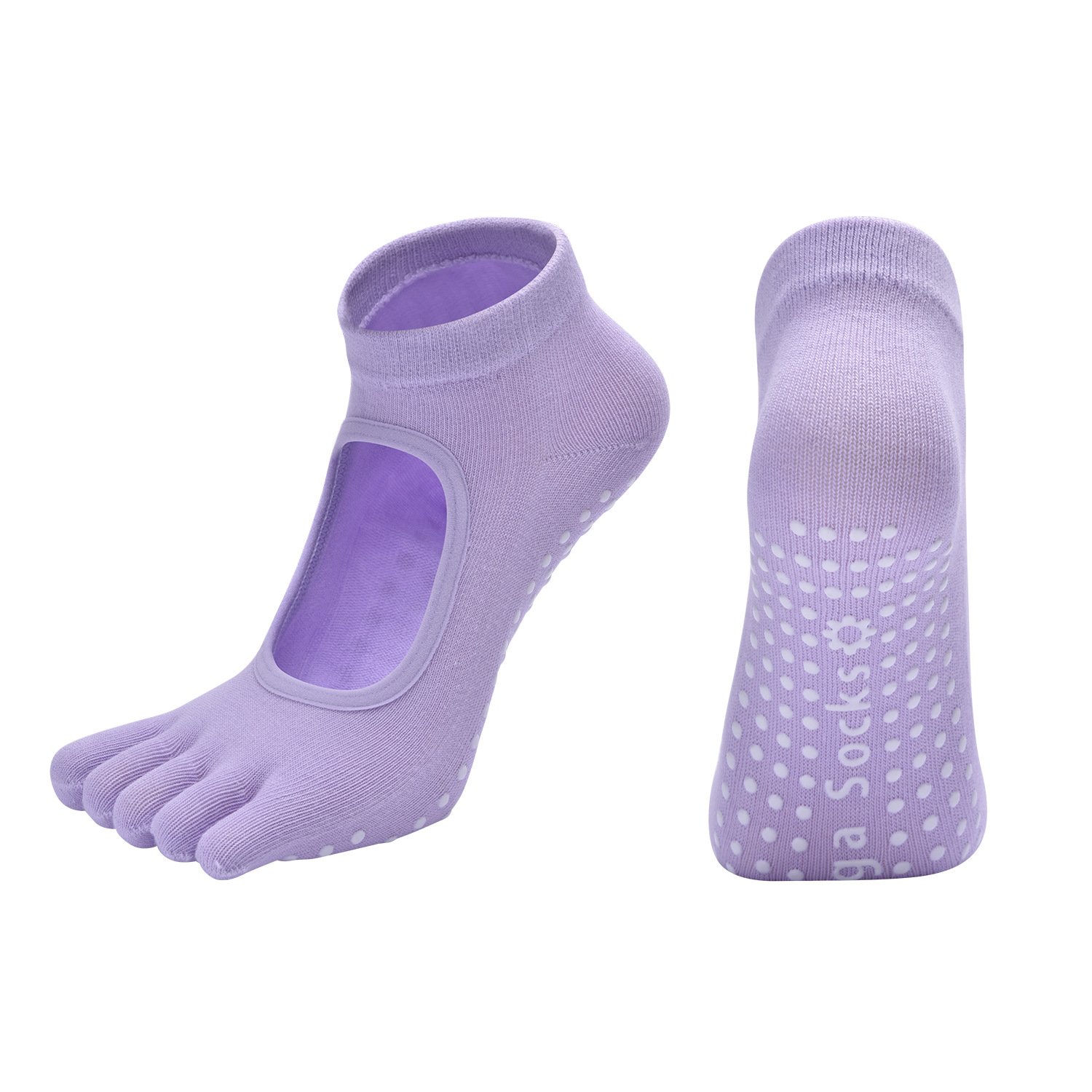V888-ELOSUNG46310-202602031550-00 Light Purple 3-Pack Women's Non-Slip Five-Finger Yoga Socks - Open Back Combed Cotton Pilates & Fitness Grip Socks for Professional Exercise - Image 1