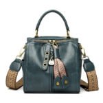 Blue Vintage Look PU Leather Box Bag | Stylish Top Handle Crossbody Tote | Multi-Carry Bucket Bag with Wide Strap