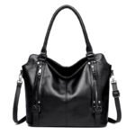 Black Vintage Soft PU Leather Tote Bag | Large Capacity Multi-Pocket Handbag | Convertible Shoulder & Crossbody Bag