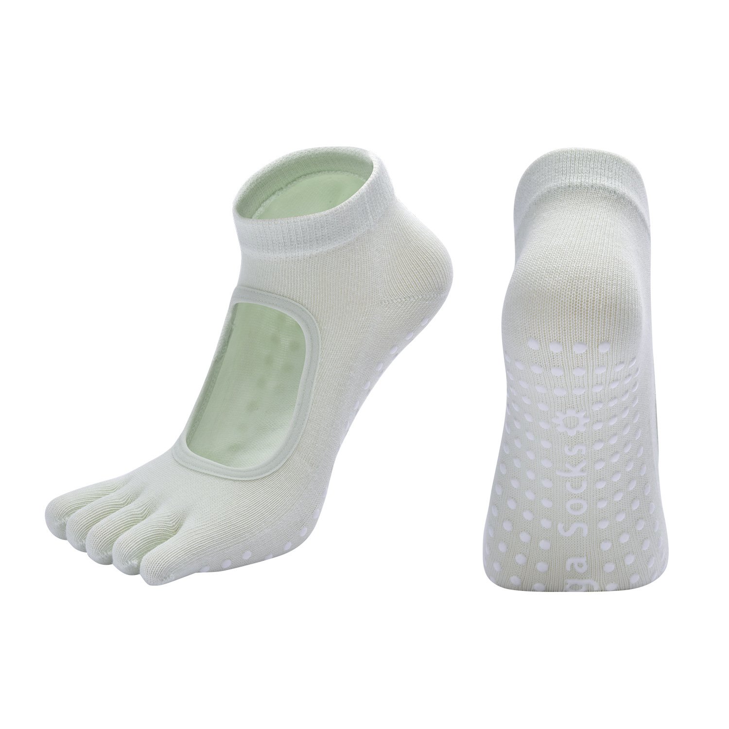 V888-ELOSUNG46617-202603101035-00 Macaron Green 3-Pack Women's Non-Slip Five-Finger Yoga Socks - Open Back Combed Cotton Pilates & Fitness Grip Socks for Professional Exercise - Image 1
