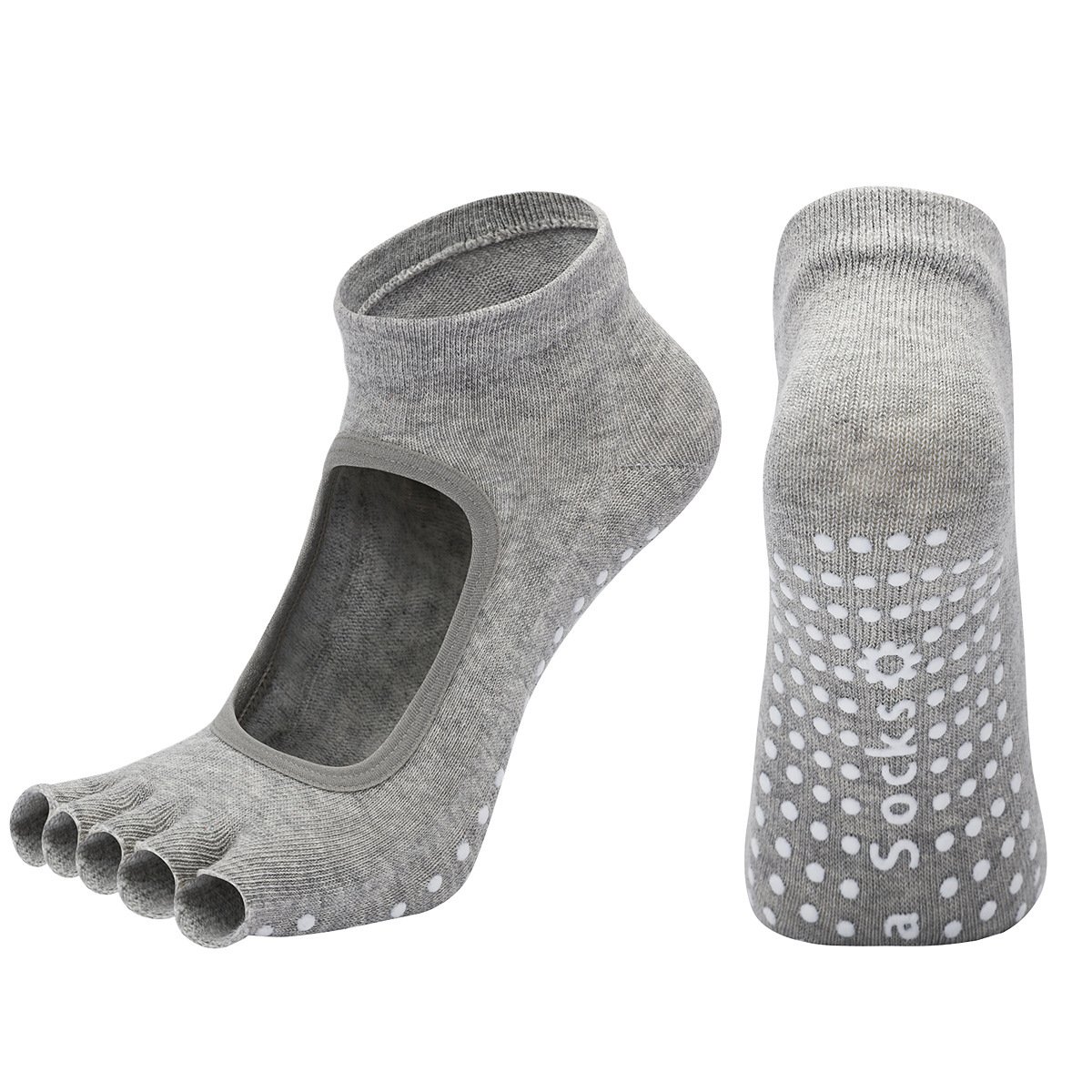 V888-ELOSUNG46619-202603101035-00 Light Grey 3-Pack Women's Non-Slip Five-Finger Yoga Socks - Open Back Combed Cotton Pilates & Fitness Grip Socks for Professional Exercise - Image 1