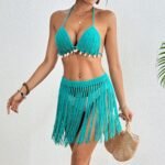 Green Women's Hand-Crocheted Two-Piece Bikini Set with Shell Accents and Tassel Skirt