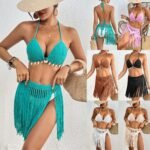 Green Women's Hand-Crocheted Two-Piece Bikini Set with Shell Accents and Tassel Skirt - Image 3