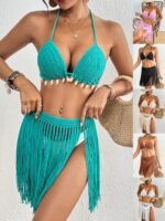 Brown Women's Hand-Crocheted Two-Piece Bikini Set with Shell Accents and Tassel Skirt - Image 2