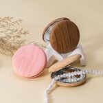 2 Pcs Beige Portable Wooden-Style Makeup Mirror - Dual-Sided High-Definition Compact Mirror - Image 3