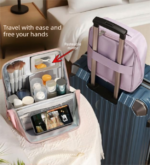 Beige Magnetic Compartmentalized Standing Cosmetic Bag â€“ Large Capacity with Mirror, Travel Makeup Organizer (26Ã—10Ã—26 cm) - Image 2