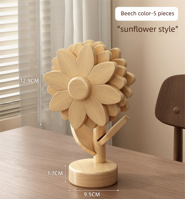 V888-ELOSUNG48384-202603251045-00 5-Piece Floral-Shaped Trivet Set with Stand – Wooden Heat Resistant Pad for Table, Dish, Pot or Cup(Solid beech) - Image 1