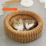 Pink Plush Round Pet Bed with Removable Cushion M Size, Thickened Warm Dog and Cat Nest for Small to Medium Pets, Cozy and Soft Sleeping Space for Home Use - Image 2