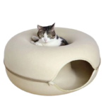 Beige Felt Donut Cat Bed with Zipper Tunnel Toy, Double-Layer Pet Cave for Cats, M Size (50x20cm), Cozy Hideaway for Indoor Cats