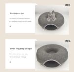 Dark grey Felt Donut Cat Bed with Zipper Tunnel Toy, Double-Layer Pet Cave for Cats, M Size (50x20cm), Cozy Hideaway for Indoor Cats - Image 3