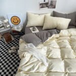 Light yellow and light gray Washed Cotton Bedding Set - Solid Color Fitted Sheet Style, 4-Piece Set for 1.8m Bed, Includes 10 Random Color Quilt Fasteners