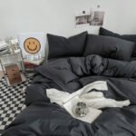 Black Washed Cotton Bedding Set - Solid Color Fitted Sheet Style, 4-Piece Set for 1.8m Bed, Includes 10 Random Color Quilt Fasteners