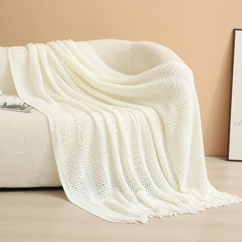 V888-ELOSUNG48997-00 White Elegant Openwork Knitted Throw Blanket with Tassels - 130x230cm Large Decorative Soft Sofa Blanket for Living Room & Bedroom - Breathable Cozy Cover for Travel & Office Nap - Image 1