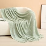 Mint green Elegant Openwork Knitted Throw Blanket with Tassels - 130x230cm Large Decorative Soft Sofa Blanket for Living Room & Bedroom - Breathable Cozy Cover for Travel & Office Nap