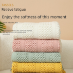 Mint green Elegant Openwork Knitted Throw Blanket with Tassels - 130x230cm Large Decorative Soft Sofa Blanket for Living Room & Bedroom - Breathable Cozy Cover for Travel & Office Nap - Image 3