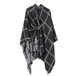 Black and Grey Elegant Check Knit Travel Shawl with Stylish Side-Slit Design - Fall & Winter Luxurious Cashmere-Feel Pullover Cape (135 x 155 CM)