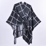 Black and Grey Elegant Check Knit Travel Shawl with Stylish Side-Slit Design - Fall & Winter Luxurious Cashmere-Feel Pullover Cape (135 x 155 CM) - Image 2