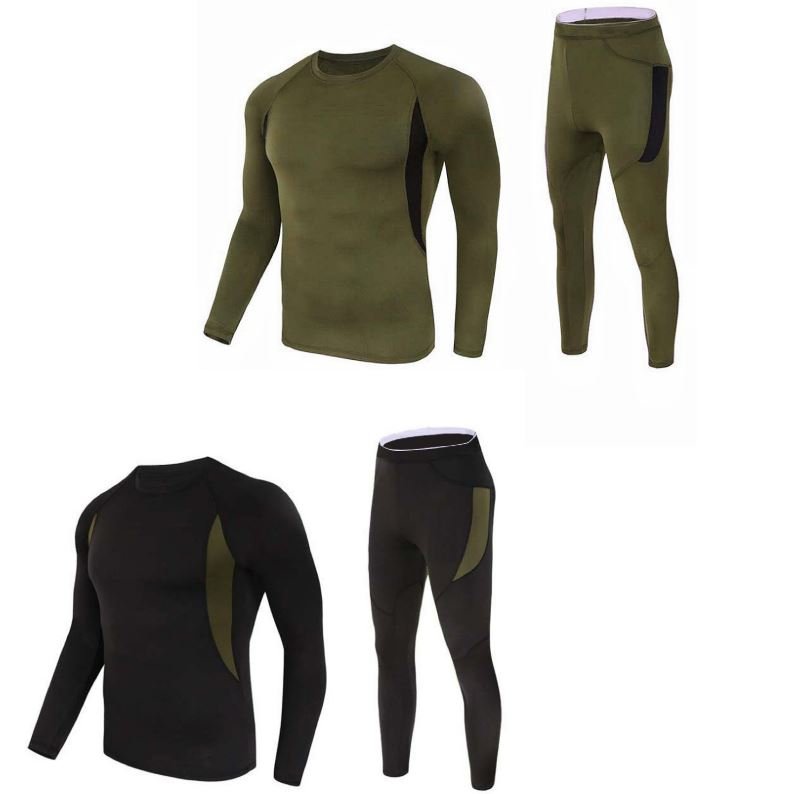 V888-ELOSUNG49194-202603310520-00 2-Pack XL Size Men's Tactical 4-Way Stretch Fleece Lined Thermal Underwear Set(Black + Green) - Winter Sweat-Wicking & Breathable Sportswear for Training & Outdoors - Image 1
