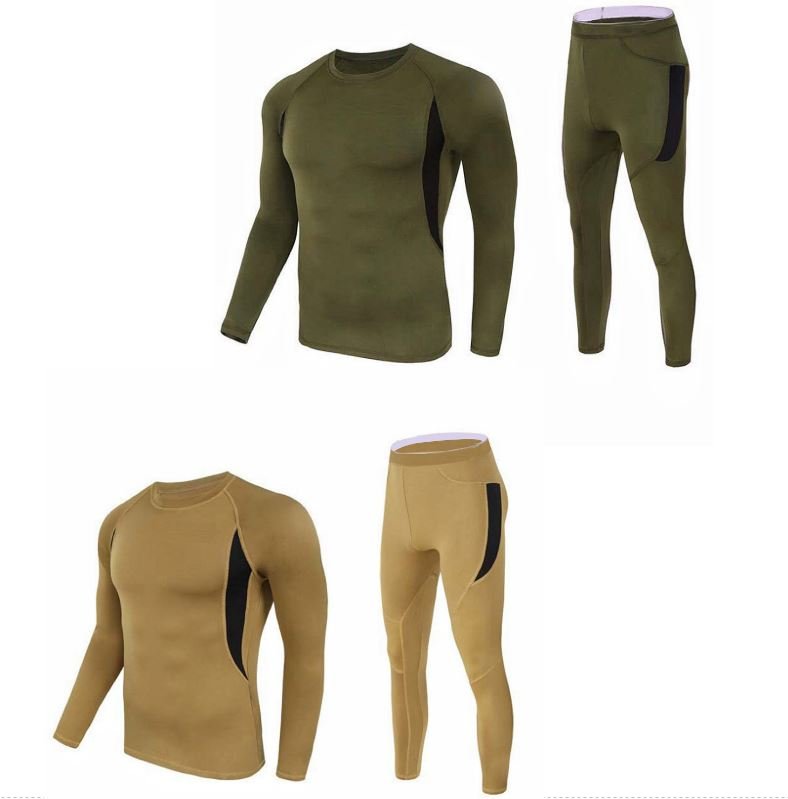 V888-ELOSUNG49197-202603310520-00 2-Pack L Size Men's Tactical 4-Way Stretch Fleece Lined Thermal Underwear Set(Khaki + Green) - Winter Sweat-Wicking & Breathable Sportswear for Training & Outdoors - Image 1