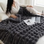 Black Grey Luxury Tuscany Fleece Rabbit Fur Bubble Blanket - Double-Sided Thickened Soft Plush Large Bedding Set(180x200 CM Large Blanket + 2 Pack 45x45 CM Cushion Cover) - Image 2