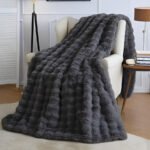 Black Grey Luxury Tuscany Fleece Rabbit Fur Bubble Blanket - Double-Sided Thickened Soft Plush Large Bedding Set(180x200 CM Large Blanket + 2 Pack 45x45 CM Cushion Cover) - Image 4